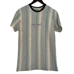 Upstanders | Men's Anti Social Blue, White and Gray Striped Shirt Size Medium